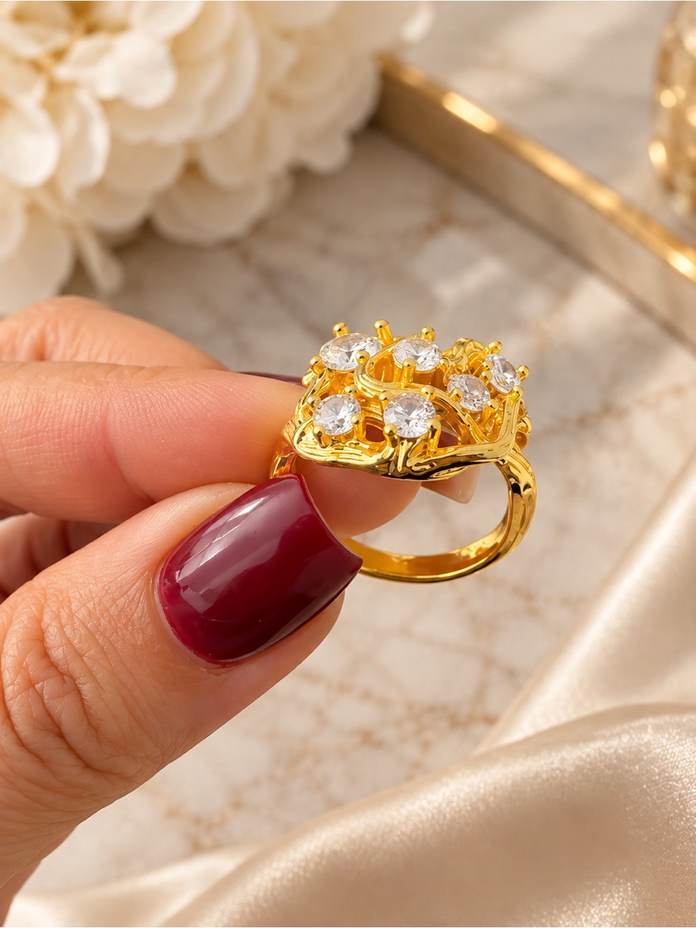 Gold Floral Cluster Ring with Clear Stones